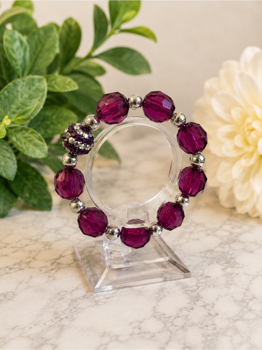 Purple Faceted Beaded Stretch Bracelet Silver Tone Rhinestone Accent Statement - Picture 4 of 6